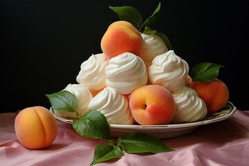 Delicate Peach meringue fruits. Cream summer dessert sugar sweet. Generate Ai