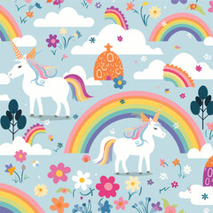 Obraz na płótnie Canvas Whimsical unicorns and rainbows pattern illustratio