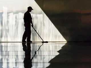 A cleaner's silhouette against a reflective floor creates a contrast of light and shadow.