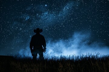 Silhouette of a lonesome cowboy with smoke trail under a starry night western spirit.