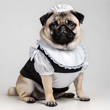 A chubby pug dog wearing maid outfit, isolated on grey background, profile picture