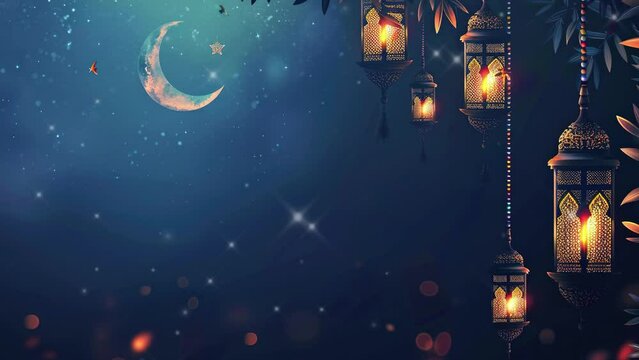 moon and gold lantern on blue background