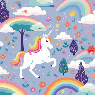 Whimsical unicorns and rainbows pattern illustratio