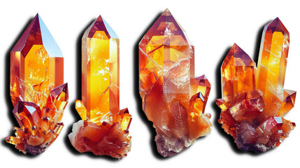 Set of luminous fluorite crystals displayed on a clean white background, enhancing their brilliance.