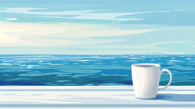 A white cup against the blue sea water landscape background. AI generated image