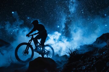 Silhouette of a mountain biker with smoke trail under a starry night extreme sport