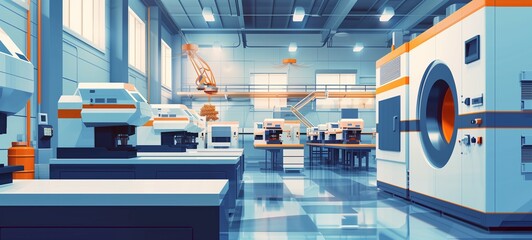 Modern automated factory interior. Industrial space filled with advanced CNC milling machines and robotic arms, highlighting the concept of high-tech manufacturing and precision engineering. - obrazy, fototapety, plakaty