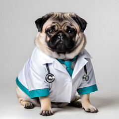 A chubby pug dog wearing doctor outfit. isolated on grey background, profile picture
