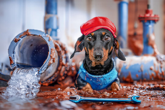 Dachshund dog in plumber uniform, red cap next to broken sewer pipe, in industrial drains waste with a wrench, looking confused at flood Industrial pipe repair service, insurance, wastewater treatment