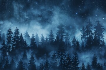 Silhouette of a pine forest with smoke fog under a starry night mystical wilderness.