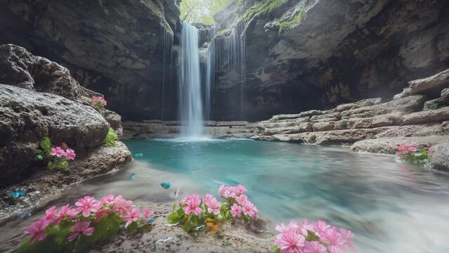Enchanting Flowers with Waterfall and Clear Rivers. Seamless looping 4k time-lapse virtual video animation background