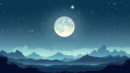 Naklejka na ściany i meble Illustration of full moon view above the sky at night with flat style. AI generated image