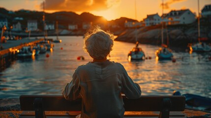 Rear view. Portray an old woman with grey hair sitting on a bench in a harbor during sunset. Generative AI.