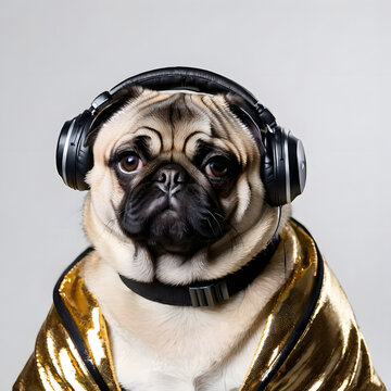 A chubby pug dog wearing DJ outfit, isolated on grey background, profile picture
