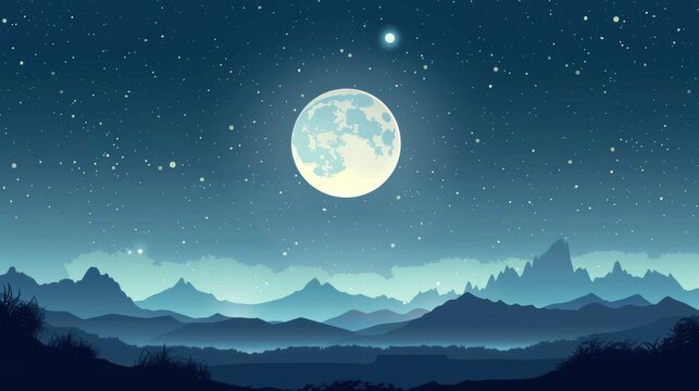 Illustration of full moon view above the sky at night with flat style. AI generated image