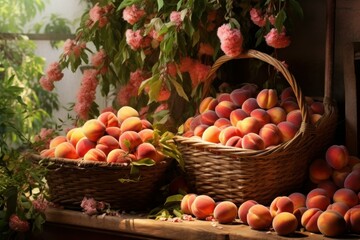 Aromatic Peaches bunch fruit harvest. Food agriculture. Generate Ai