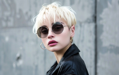 Edgy chic: blonde elf hipster in stylish shades, editorial glam