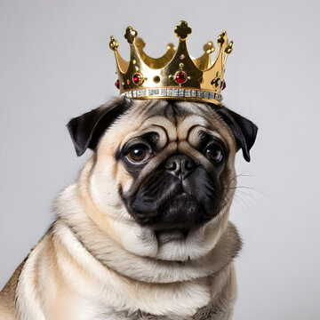 A chubby pug dog put on crown, isolated on grey background, profile picture