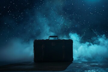 Silhouette of a vintage suitcase with smoke travel under a starry night wanderlust dream.