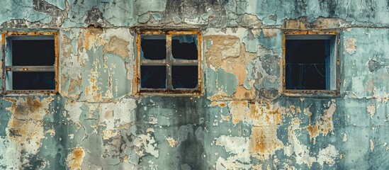 Naklejka premium Abandoned dilapidated wall with empty windows.