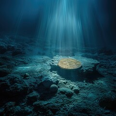A single Bitcoin coin positioned amidst rocks on the ocean floor, bathed in beams of sunlight filtering through water.
 - obrazy, fototapety, plakaty
