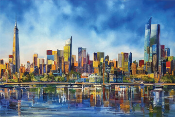Beautiful city skyline view oil painting. Oil paintings city landscape. Skyline city view. city landscape painting, background of paint. City landscape with beautiful buildings, roads. - obrazy, fototapety, plakaty