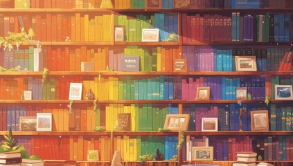A bookshelf filled with books in rainbow colors. This scene creates a colorful and vibrant atmosphere that could represent different ideas, thoughts, knowledge, reading fun and education