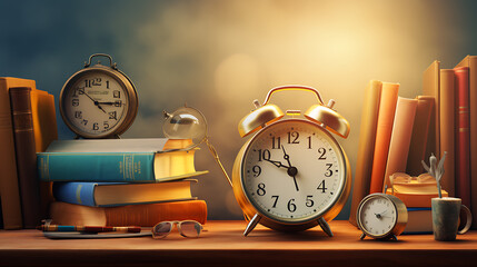 old alarm clock and books