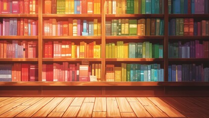 A bookshelf filled with books in rainbow colors. This scene creates a colorful and vibrant atmosphere that could represent different ideas, thoughts, knowledge, reading fun and education
