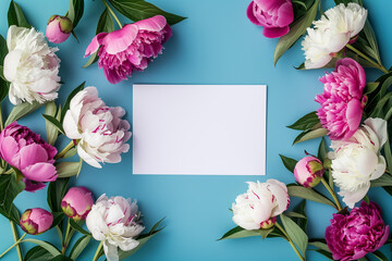  blank white card with peonies on blue background, flat lay style. The text space is empty and ready for your design or message , top view