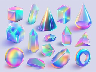 A set of colorful holographic shapes with a shiny iridescent surface on a pale background.