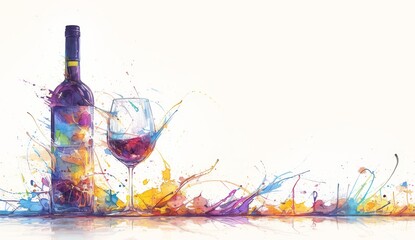 A bottle of wine and glass with colorful ink splash art work in the style of watercolor painting