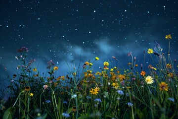 Wildflowers gently swaying in the night breeze, with smoke trails blending into the starry sky - obrazy, fototapety, plakaty