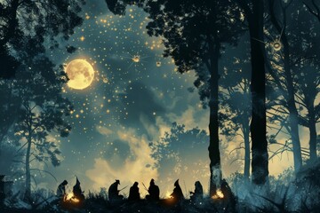 Witches' gathering in a forest clearing with smoke and a starry night sky