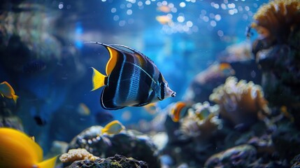 Fototapeta na wymiar Sleek colorful angelfish gliding over a rocky sea floor. Beautiful sea scene in an aquarium