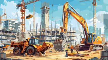 Urban Development With Construction Workers and Machinery at a Building Site - obrazy, fototapety, plakaty