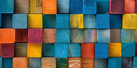A colorful background of wooden blocks arranged in an orderly pattern - obrazy, fototapety, plakaty