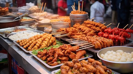 Chicken skin and meat coated in flour, fried until crispy, served with a flavorful dipping sauce, a popular dish known for its crunchy texture.
 - obrazy, fototapety, plakaty
