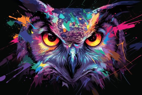 Colorful owl portrait with a splash of watercolor effect and oil painting.