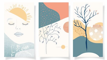 Fototapeta na wymiar Modern illustration in vintage boho style with woman's face, sun, tree, shapes, thin lines on three abstract minimalistic backgrounds.