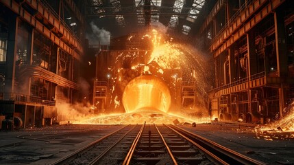 Fototapeta na wymiar Colossal electric blast furnace churns out molten metal in the factory. Generative AI.