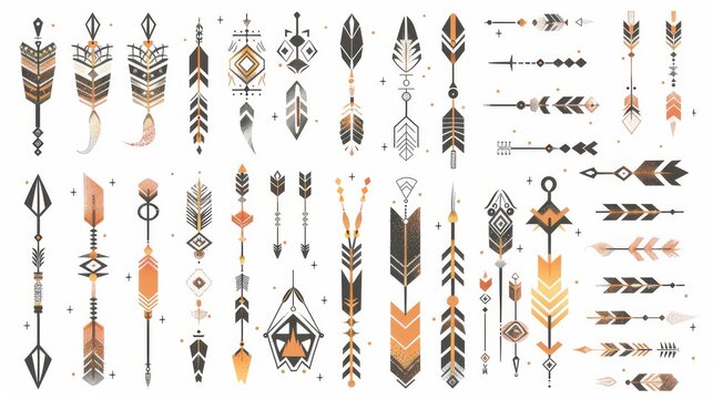 Collection of hand drawn ethnic elements with arrows for design. Modern set includes tribal, indian, aztec, hipster, and boho elements.