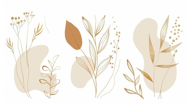 This gold botanical wall art modern set features earth tone foliage line art drawing with an abstract shape, which is good for prints, covers, and wallpapers.