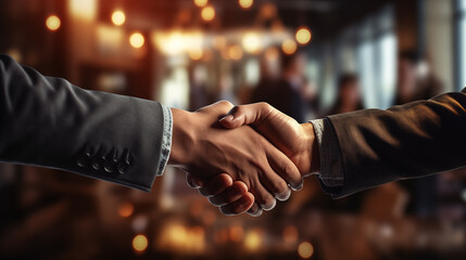 Handshake against the background of a conference room, office, workplace. Conclusion of a business contract, successful deal. Bokeh effect. AI generative - obrazy, fototapety, plakaty