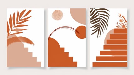 Designed in terracotta colors, this abstract graphic aesthetic background set features stairs, arcs, leaves in a Boho style.