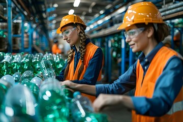 Employees showcasing environmental impact of waste management through sorting recyclables in a recycling plant. Concept Waste Management, Recycling Plant, Employee Engagement, Environmental Impact