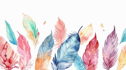 An illustration with hand-drawn colorful watercolor feathers in the background, a beautiful illustration in modern format