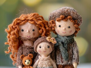 Handmade knitted dolls with detailed outfits and a miniature teddy bear. Close-up shot with soft-focus background. Craft and needlework concept for design