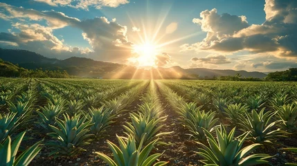  A pineapple farm, rows of spiky plants under a sunny sky. Generative AI. © visoot