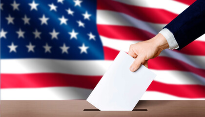 Hand holding ballot in voting ballot box with USA flag in background. USA presidential elections...